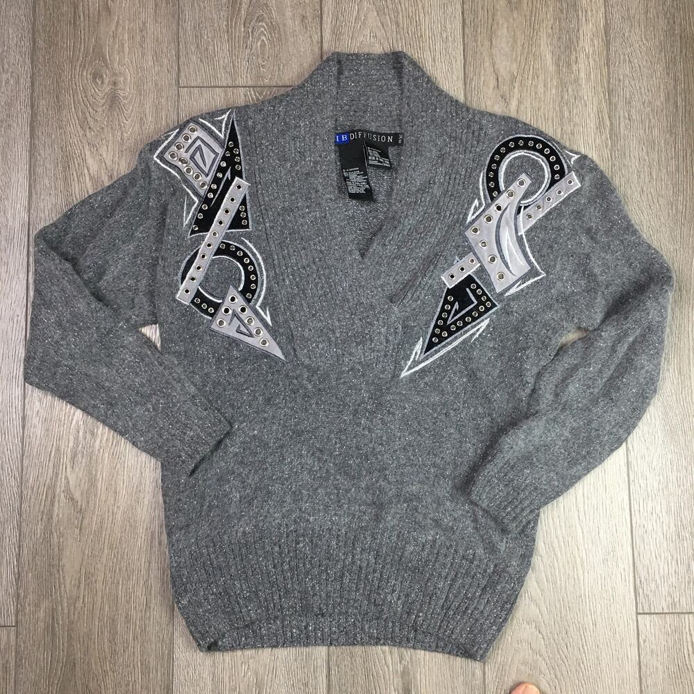 I.B Diffusion silk Angora wool Blend Sweater Gray Embellish Studded V-Neck XS/S
